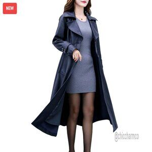 Elegant Lapel Collar Fit-Flare Pu Leather Long Trench Coat